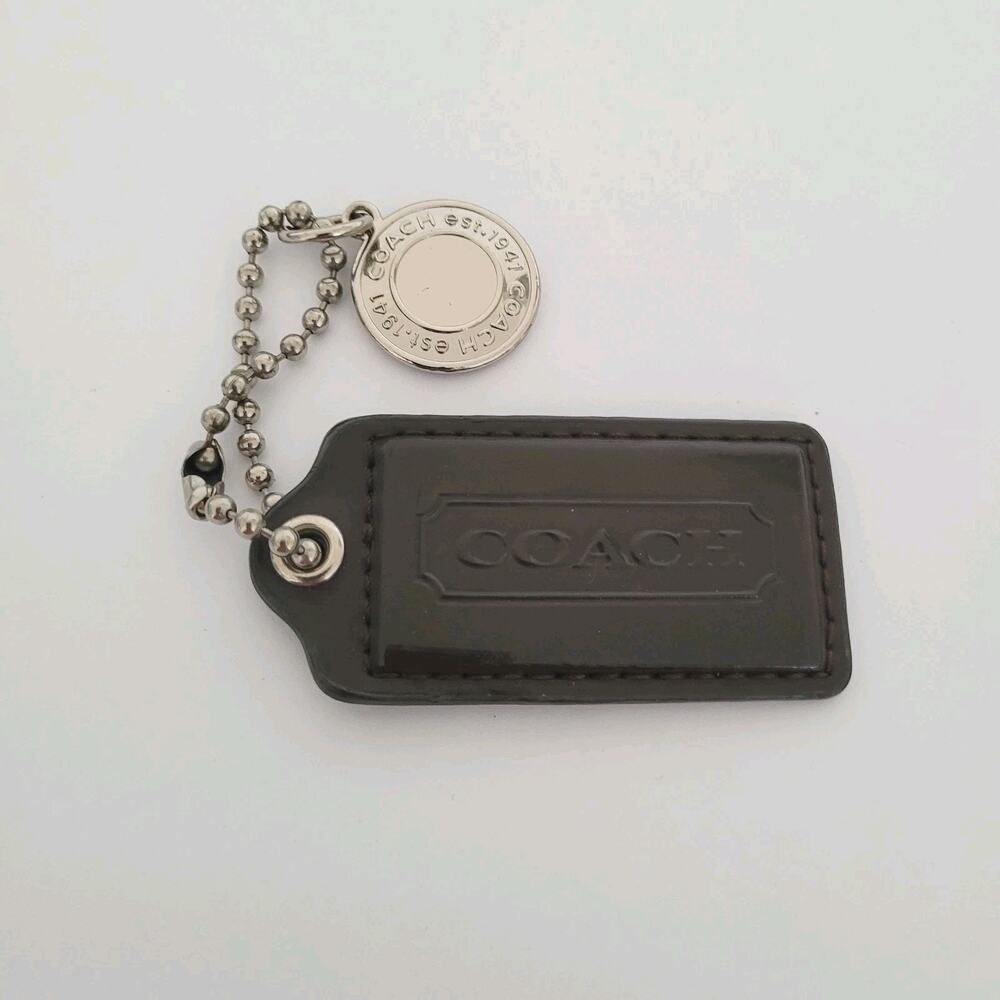 Coach Hang Tag Set Dark Brown Silver Leather Metal Bag‎ Charm Keychain Medium 2"